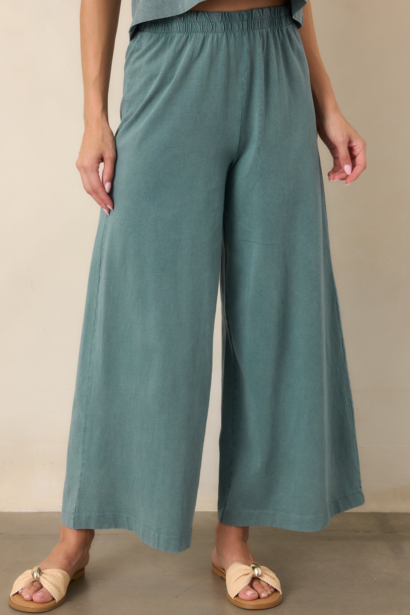 Close view of the Emerald Cove pants highlighting the flexible elastic waistband and soft 100% cotton jersey fabric.