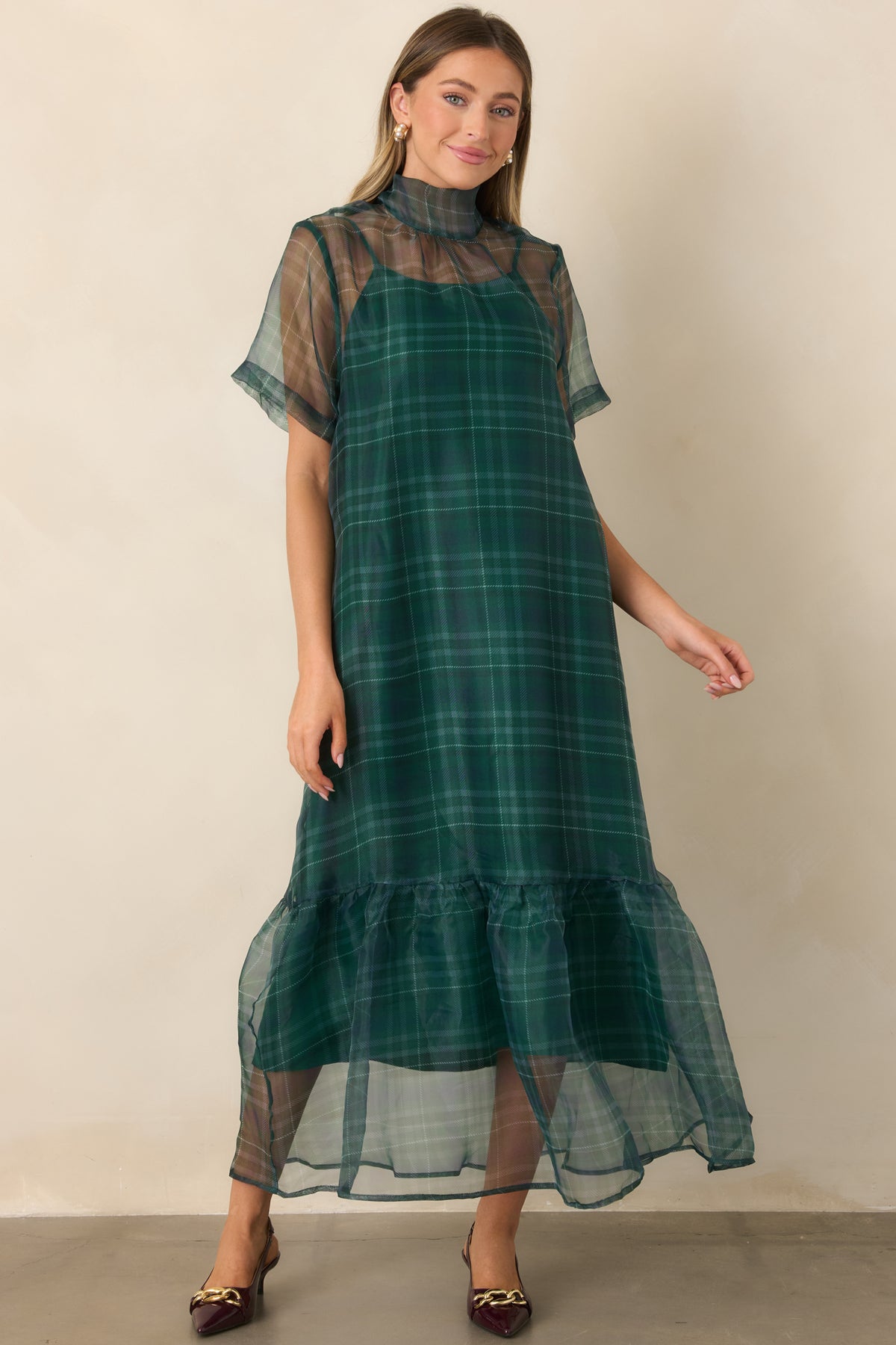 Airy emerald plaid overlay dress with a coordinating slip and softly gathered flounce hem.