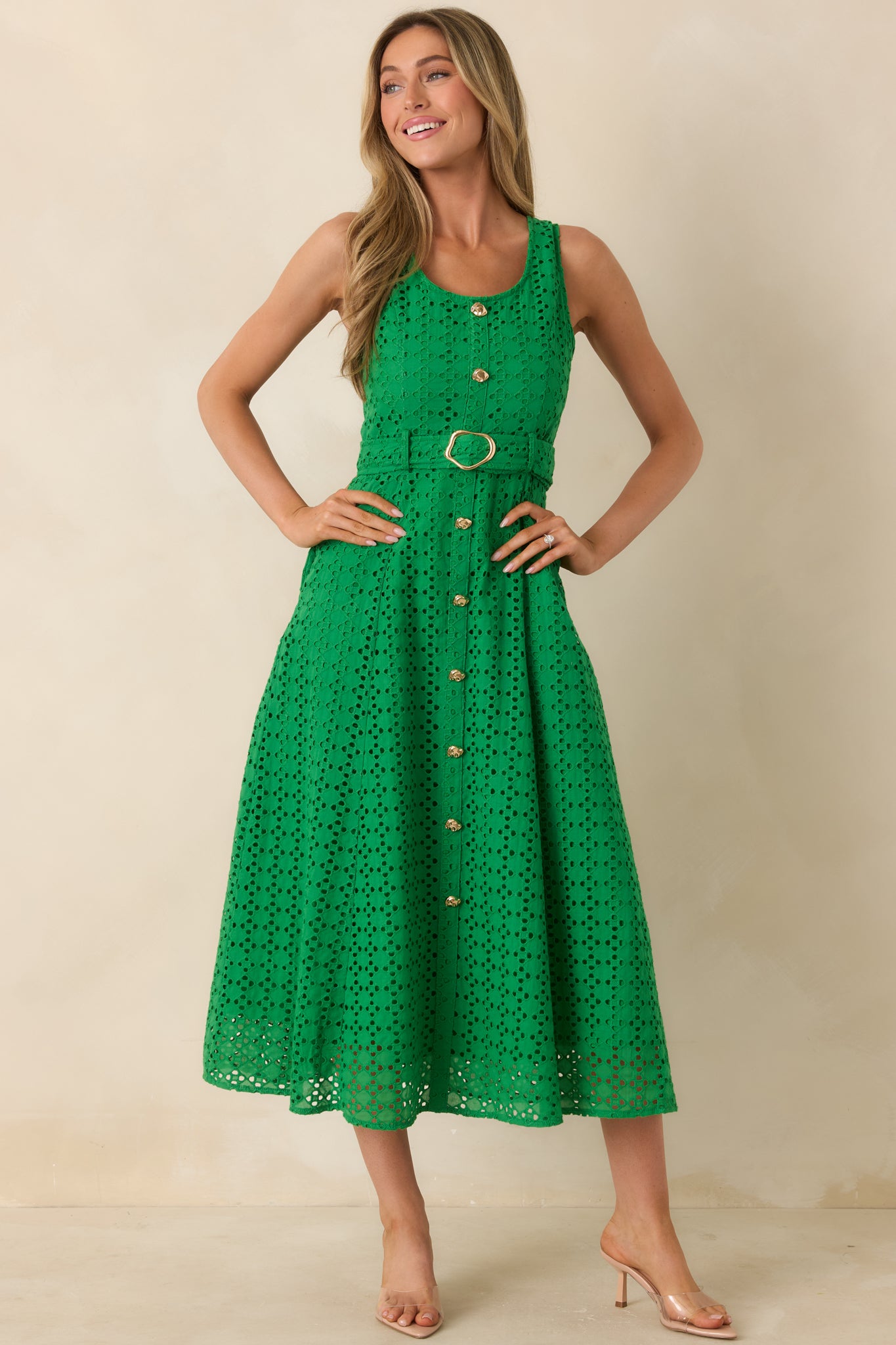 Women's Garden Society Green Cotton Eyelet Sleeveless Midi Dress | Size: L | Red Dress Women's Garden Society Green Cotton Eyelet Sleeveless Midi Dress | Size: L | Red Dress