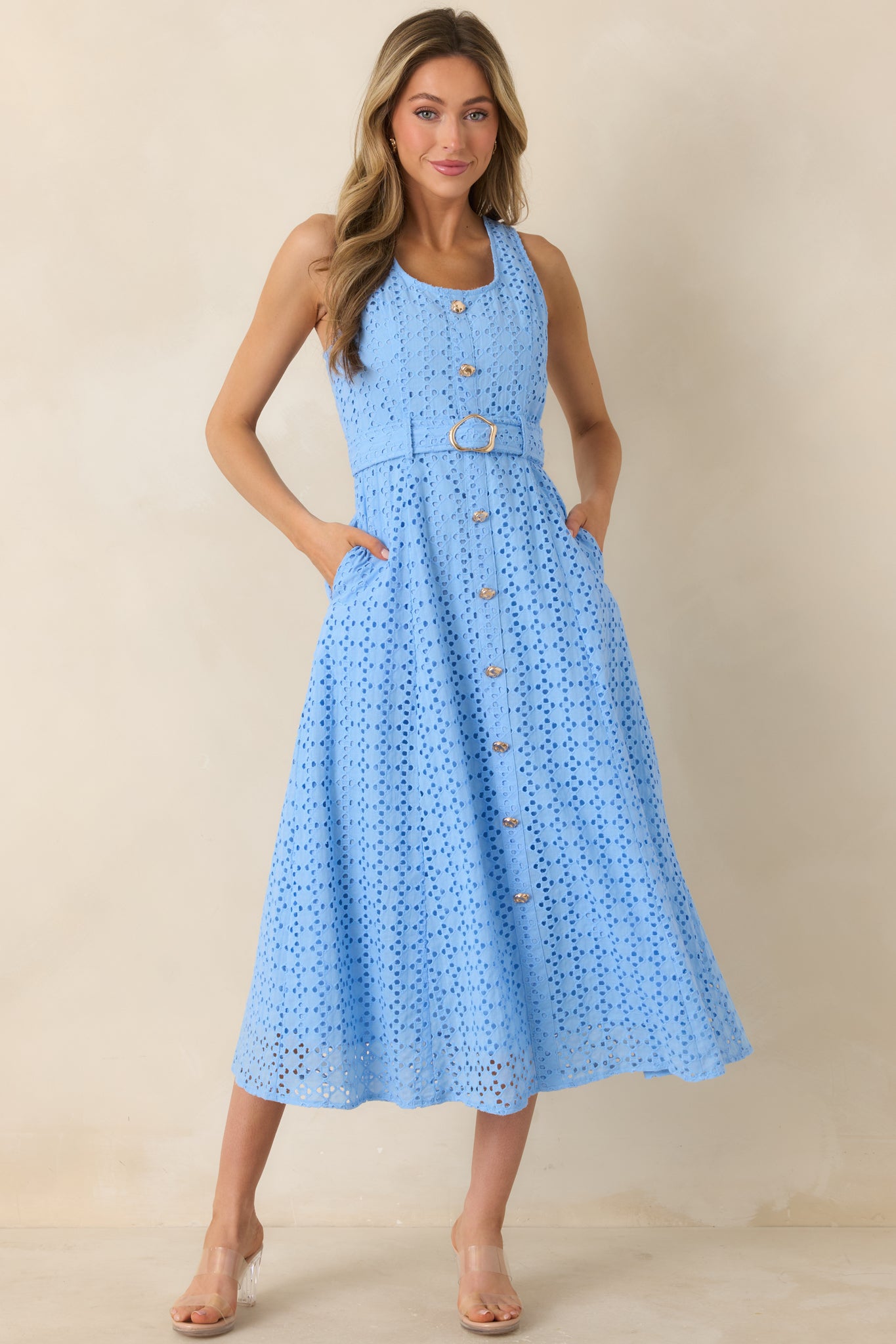 knee length dresses for ladies Red Dress | Blue Cotton Eyelet Sleeveless Midi Dress