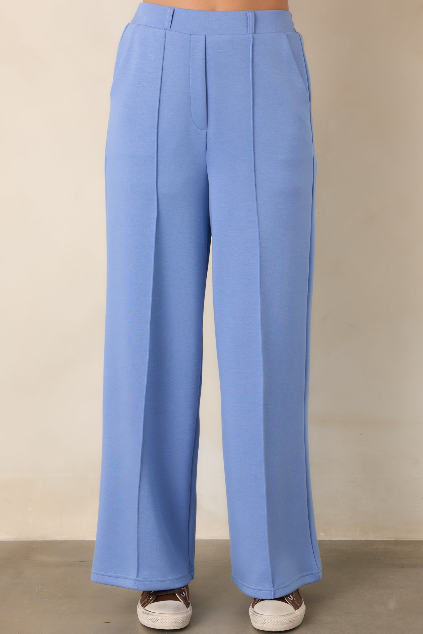 Ready to Jet Horizon Blue Knit High-Waisted Wide-Leg Pants