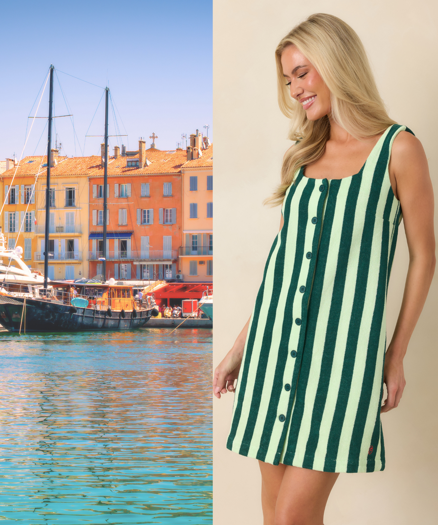 Split image of a French Riviera background and a woman wearing a green stripe terry cloth mini dress.