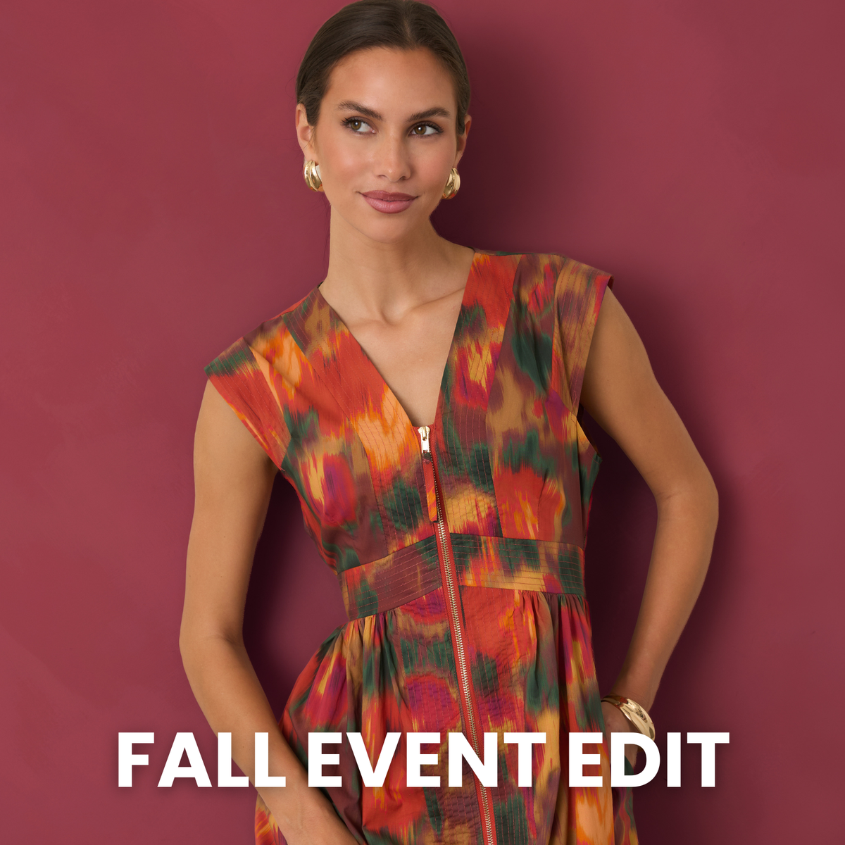 Model wearing a multi color dress. Text reads: "Fall Event Edit."