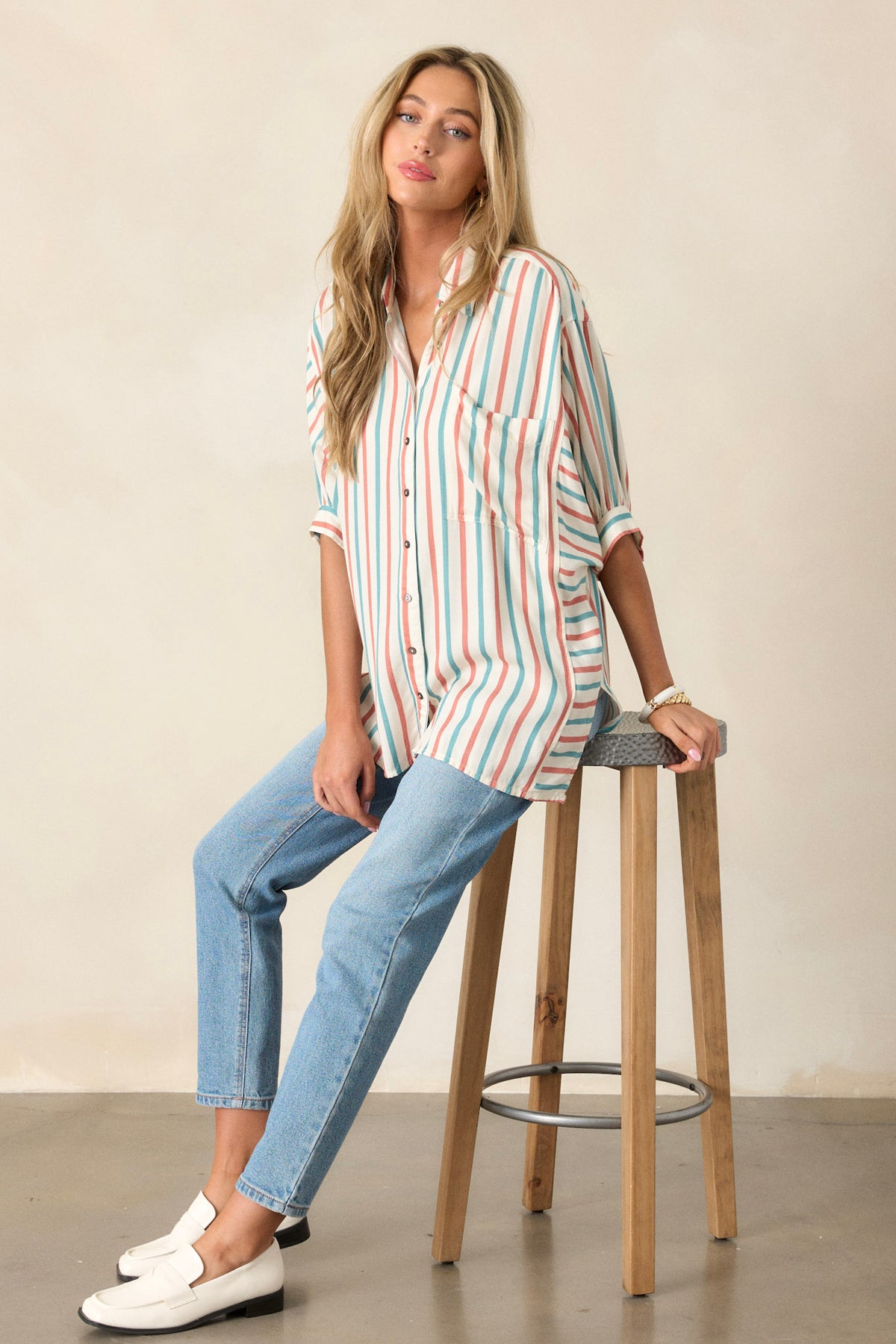 Ivory Button-Front Stripe Collared Shirt - All Tops | Red Dress
