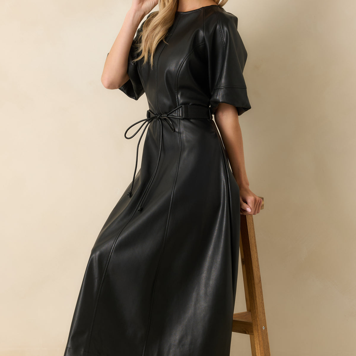 Women's Something to Behold Black Faux Leather Short Sleeve Belted Midi Dress | Size: S