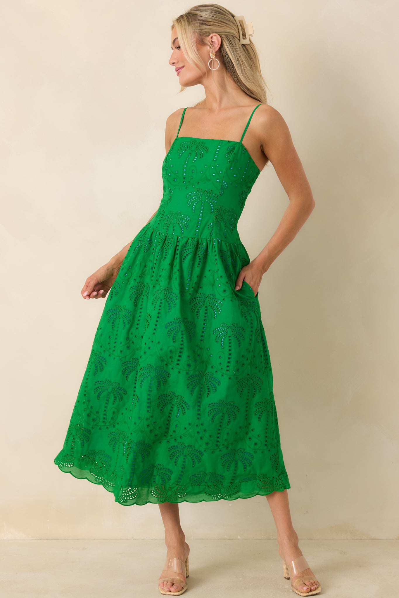 Women's This Is It Green Cotton Eyelet Sleeveless Midi Dress | Size: L | Red Dress Women's This Is It Green Cotton Eyelet Sleeveless Midi Dress | Size: L | Red Dress