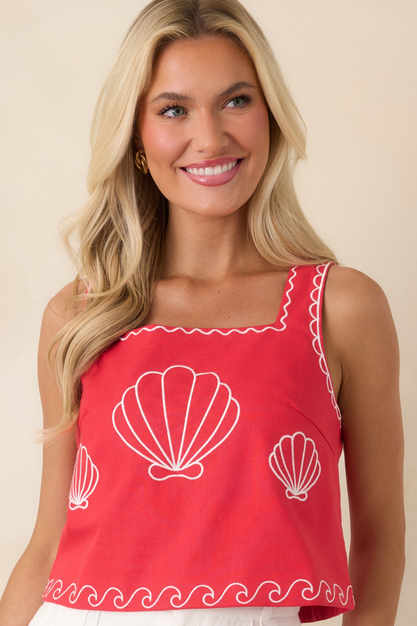 Red Dress | Red Cotton Blend Shell Embroidered Tank Top - All Tops