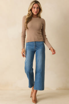 Ribbed Knit Crew Neck Sweater in Light Taupe