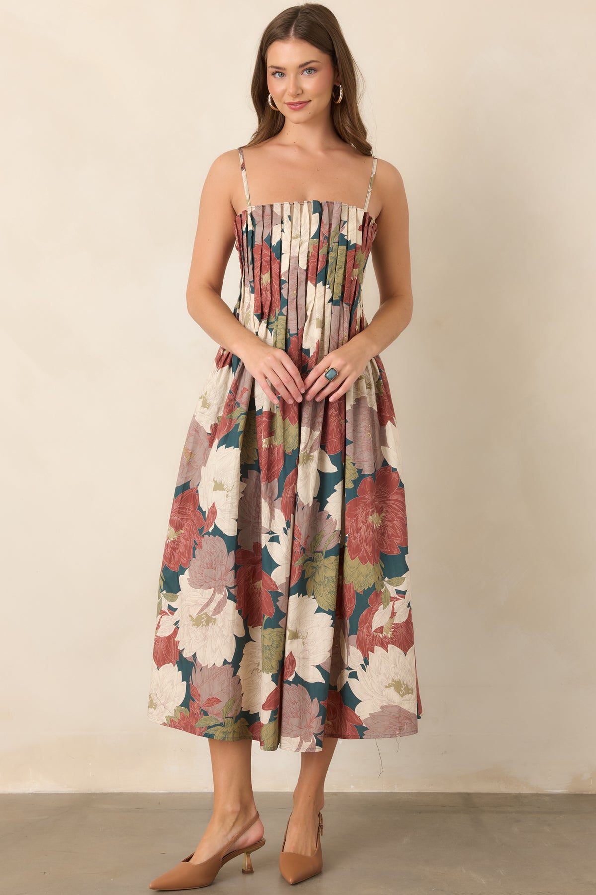 Floral A-line midi dress with a fitted bodice, defined waist, and dimensional pleating.