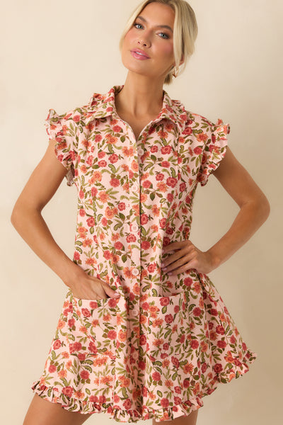 Light Pink Floral Button Front Cotton Denim Mini Dress - Mini Dresses