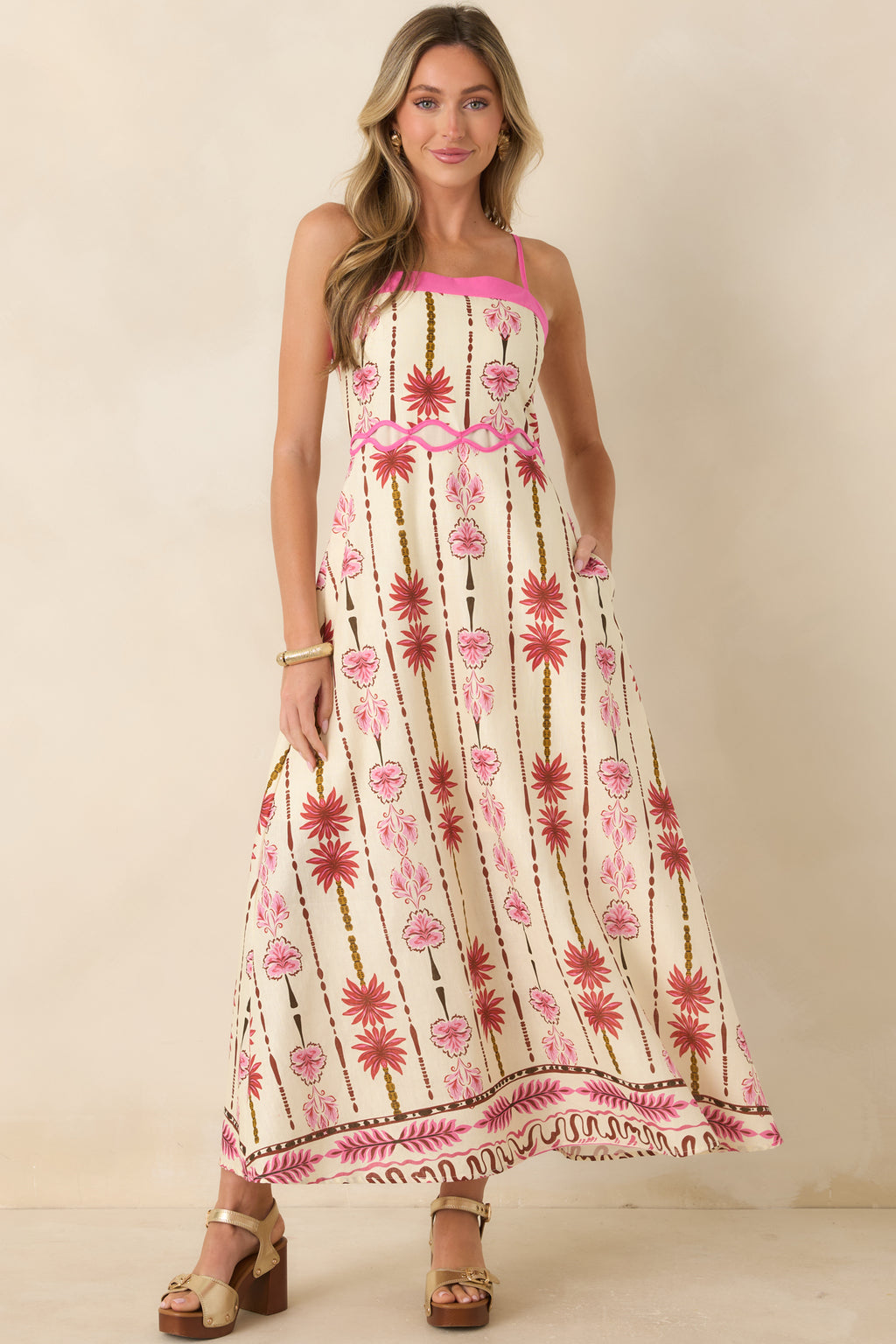 Women's Palms & Prosecco Pink Floral Cotton Linen Maxi Dress | Size: M