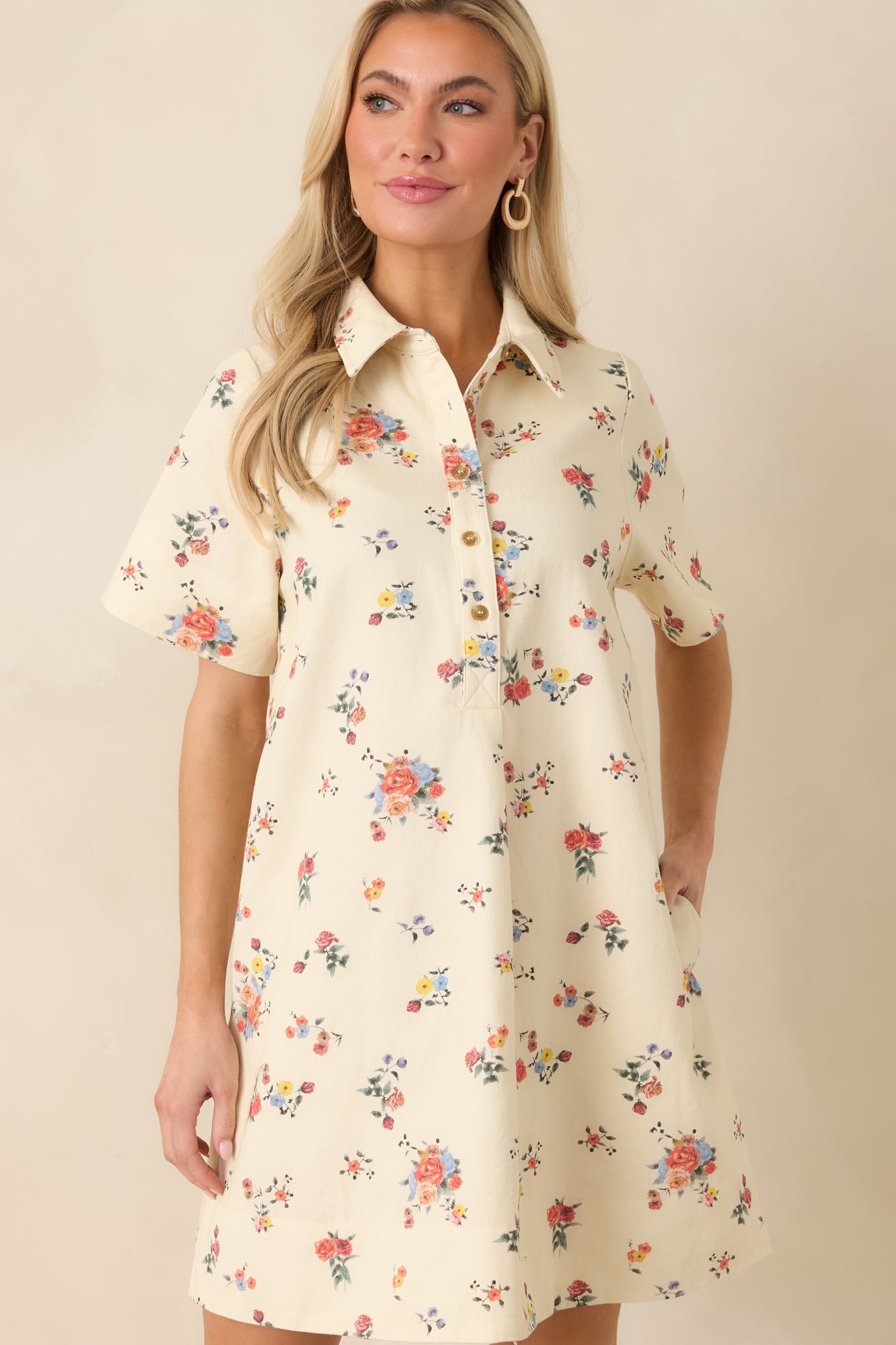 Women's Just Around the Corner Ivory Multi Floral Cotton Mini Dress | Size: L | Red Dress Women's Just Around the Corner Ivory Multi Floral Cotton Mini Dress | Size: L | Red Dress