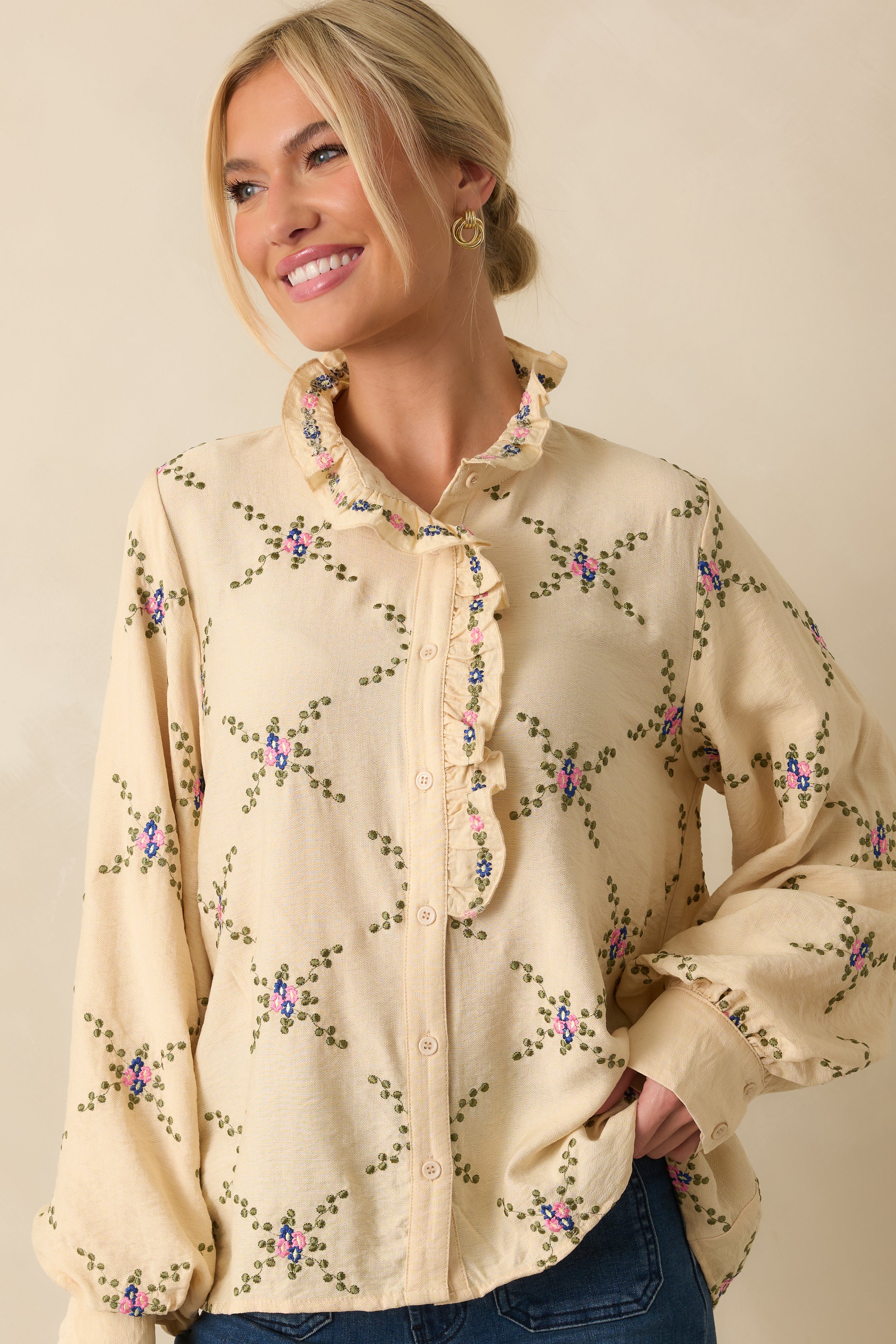 Ivory Multi Floral Embroidered Blouse - Women's Tops | Red Dress