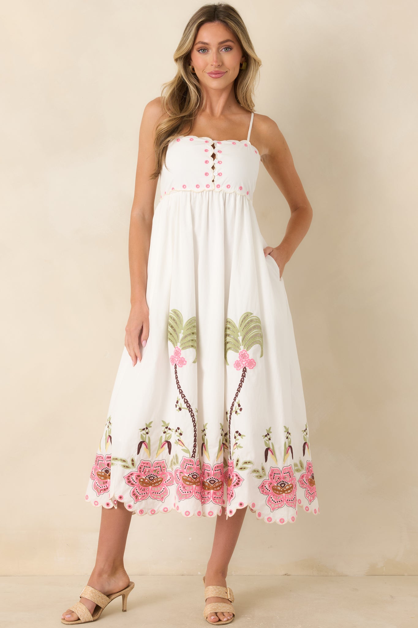 【Nanami Original】Flower Embroidery Dress Pink Paradise White Floral Embroidered Cotton Midi Dress | Red Dress