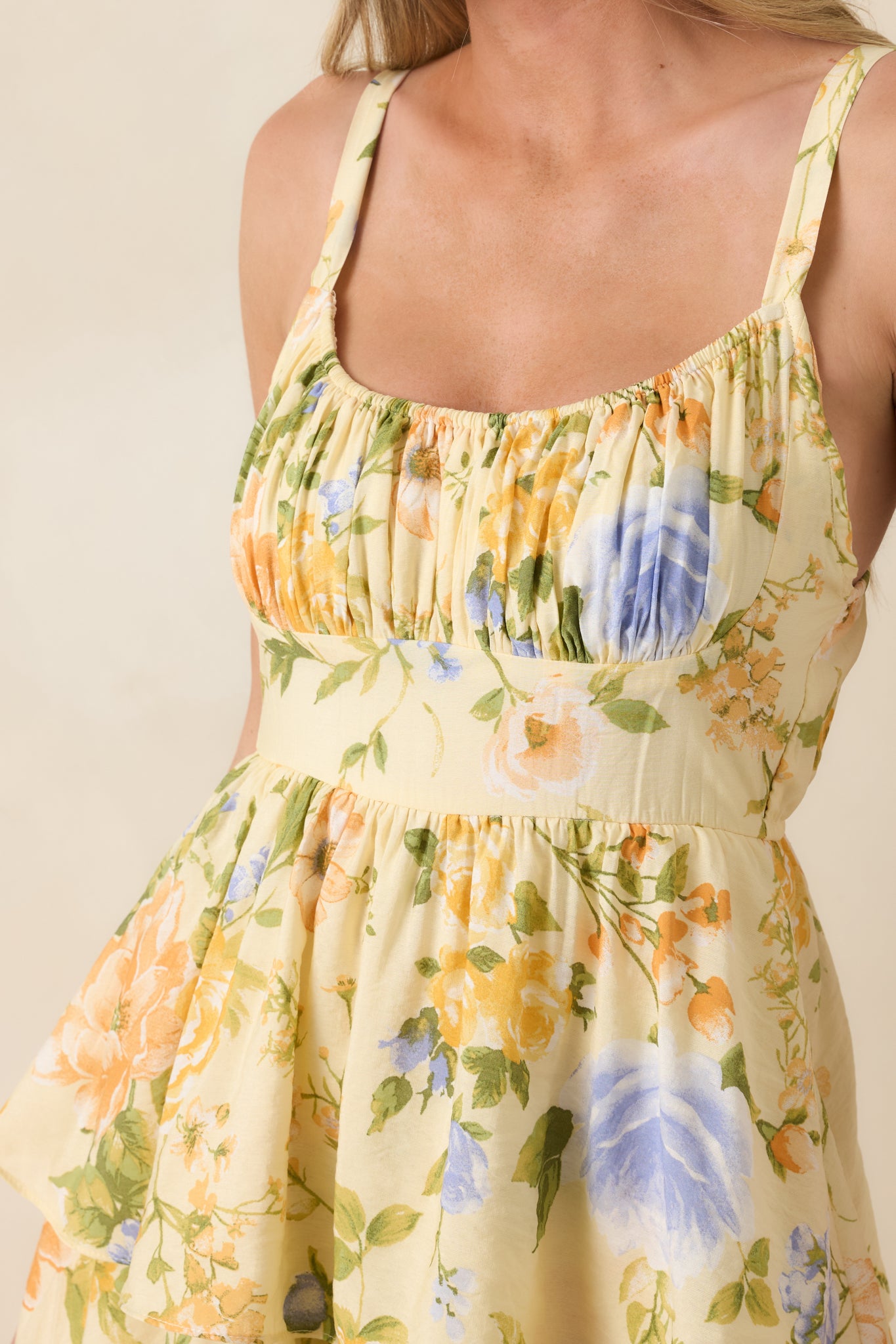 Close-up of floral maxi dress featuring the gathered bust detail, adjustable shoulder straps, and textured fabric pattern.