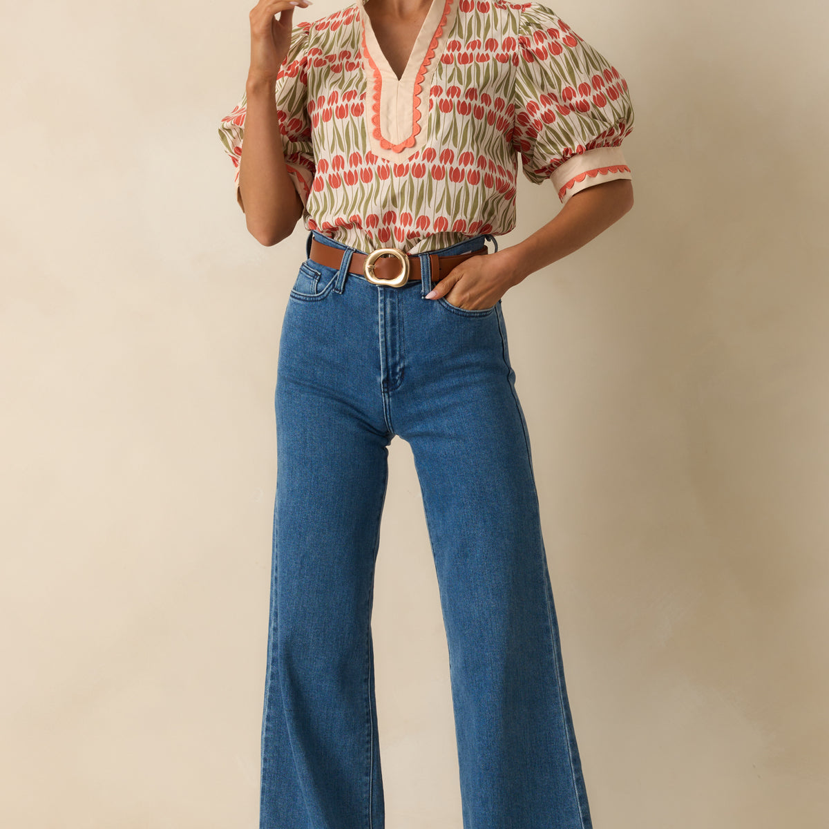 Ivory Tulip Print Puff Sleeve Top - Women's Blouses | Red Dress