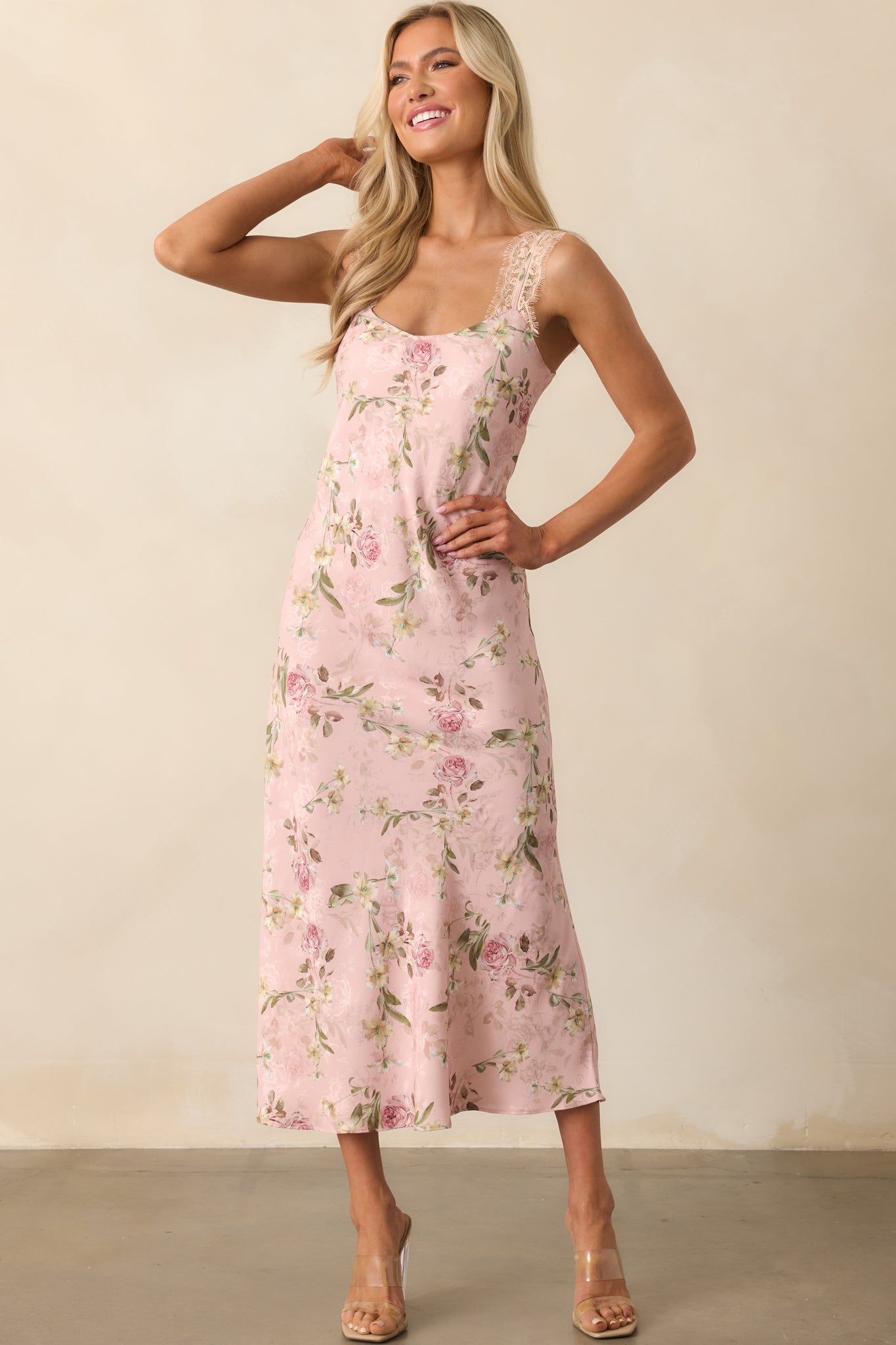Complete front view of the floral jacquard dress, emphasizing the feminine cut and relaxed slip-style fit
