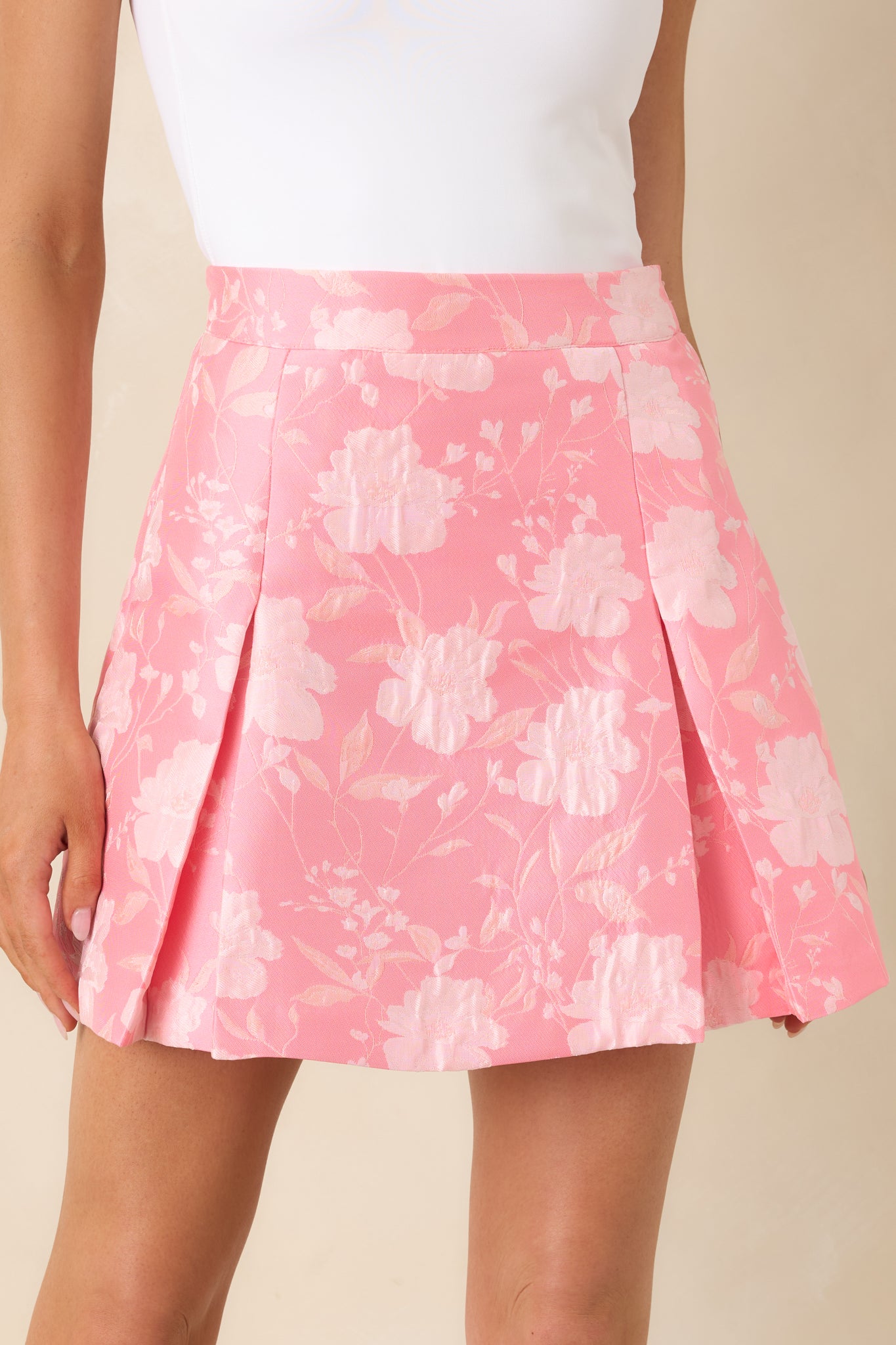 Red Dress | Pink Floral Jacquard Mini Skirt - All Bottoms