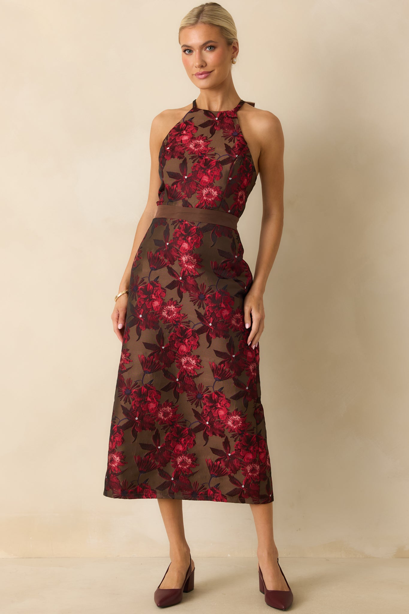 Floral jacquard midi dress in mocha brown showcasing the structured woven fabric and tailored silhouette.