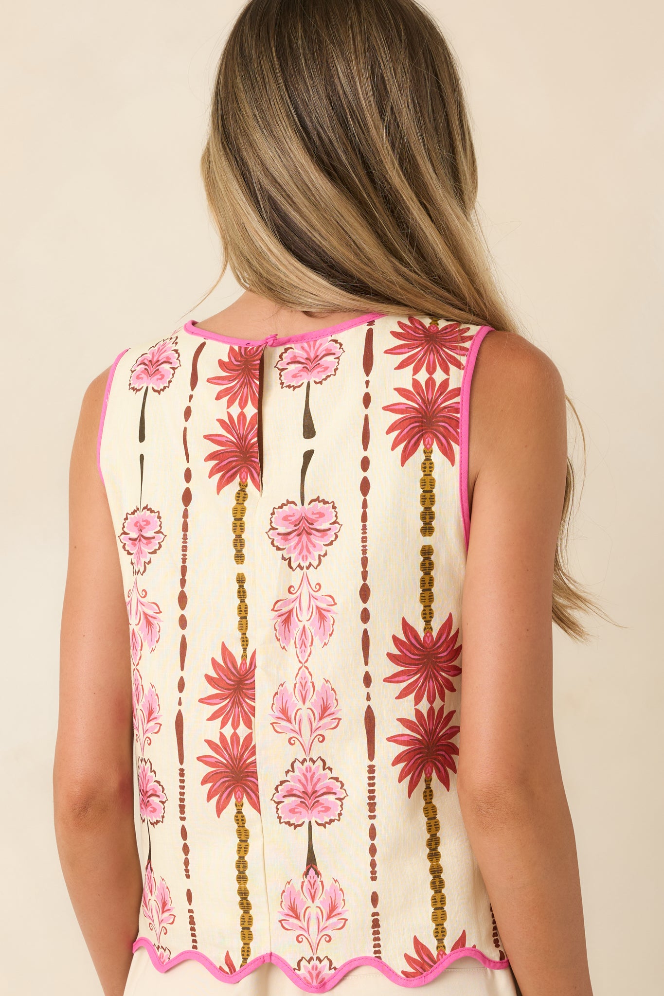 Back of the floral sleeveless top featuring a keyhole button closure and a relaxed, fully lined silhouette.