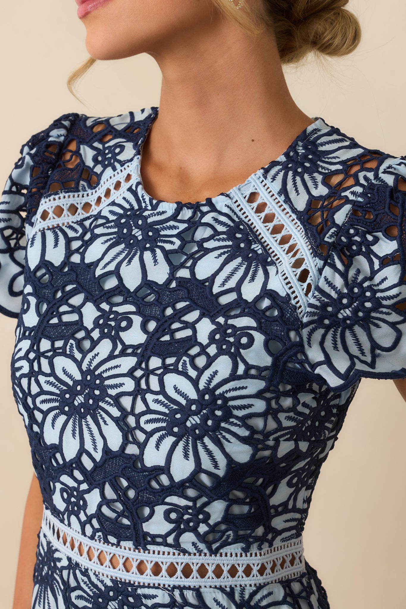 Blue Multi Floral Embroidered Lace Dress - Mini Dresses | Red Dress