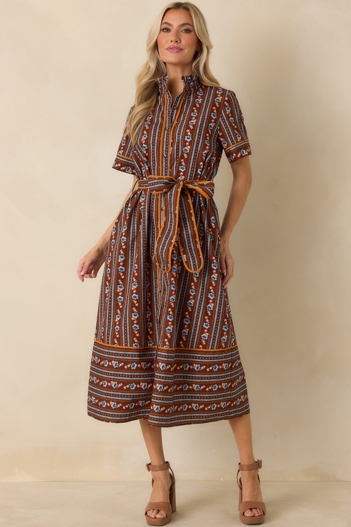 brown floral wrap dress Whitaker Multi Stripe Cotton Midi Color:lake blue kimono The Floral Wrap Dress bridesmaid dresss Brown Overall Dress