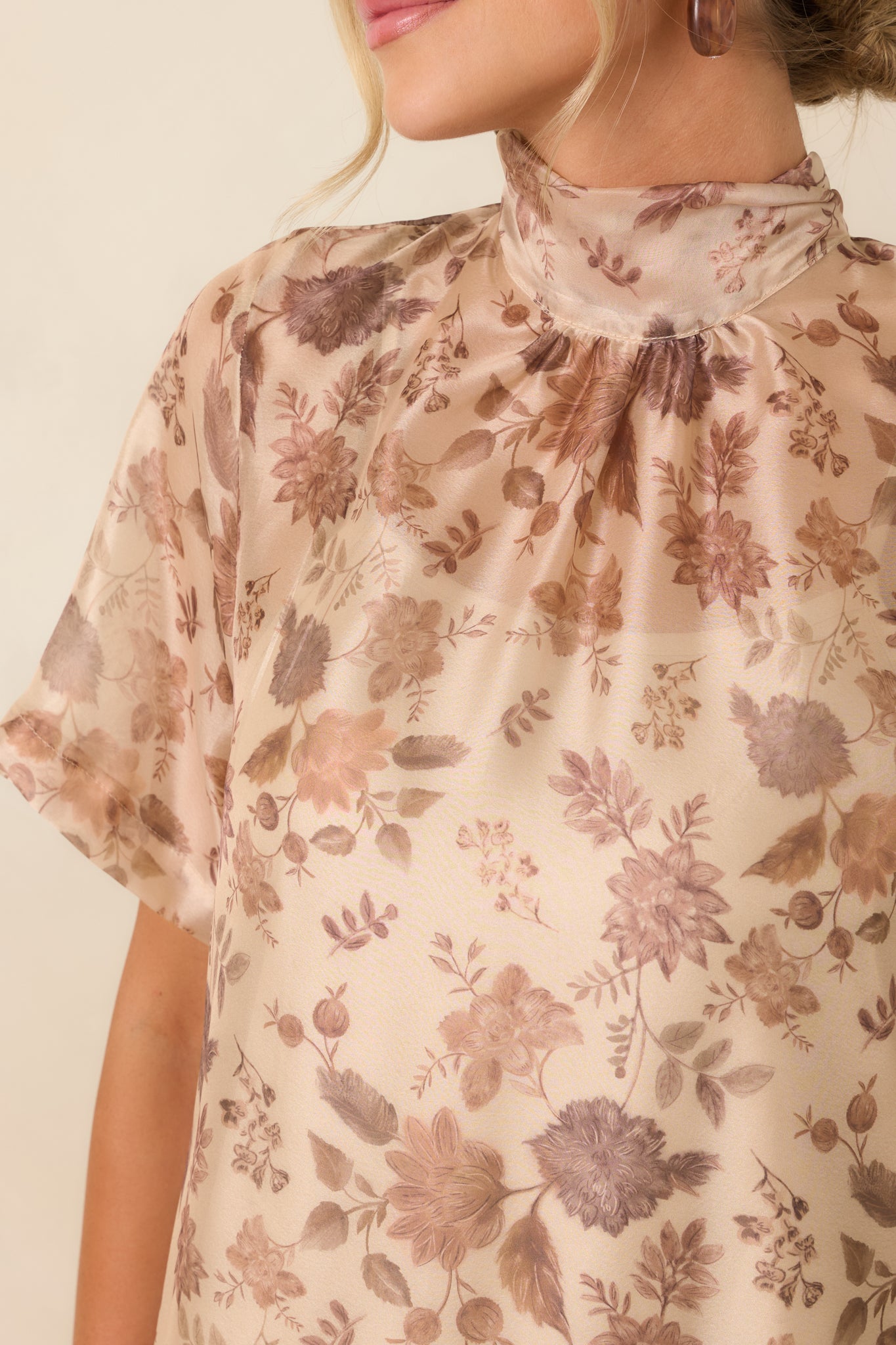Close-up of the floral maxi dress showcasing the sheer printed overlay, mock neckline, and delicate fabric details.