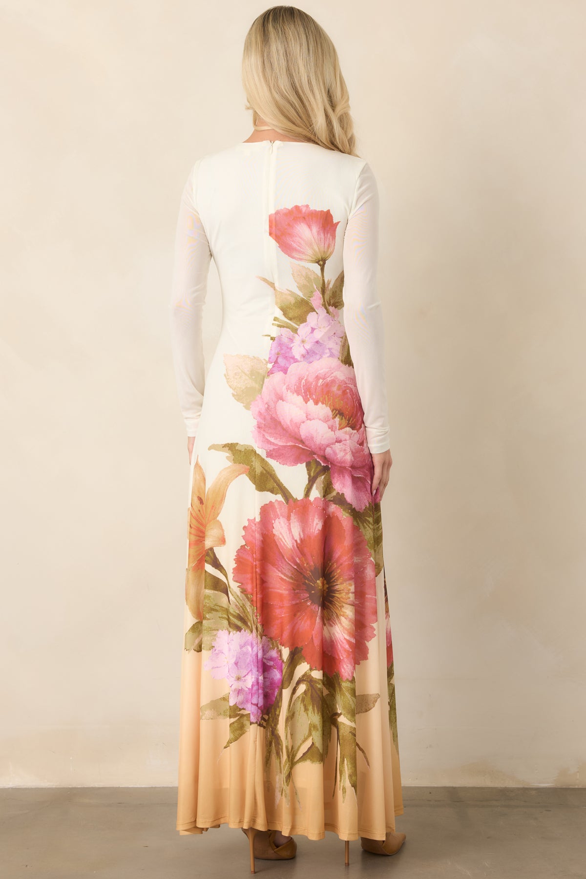 Rear of the floral maxi dress with a concealed zipper.