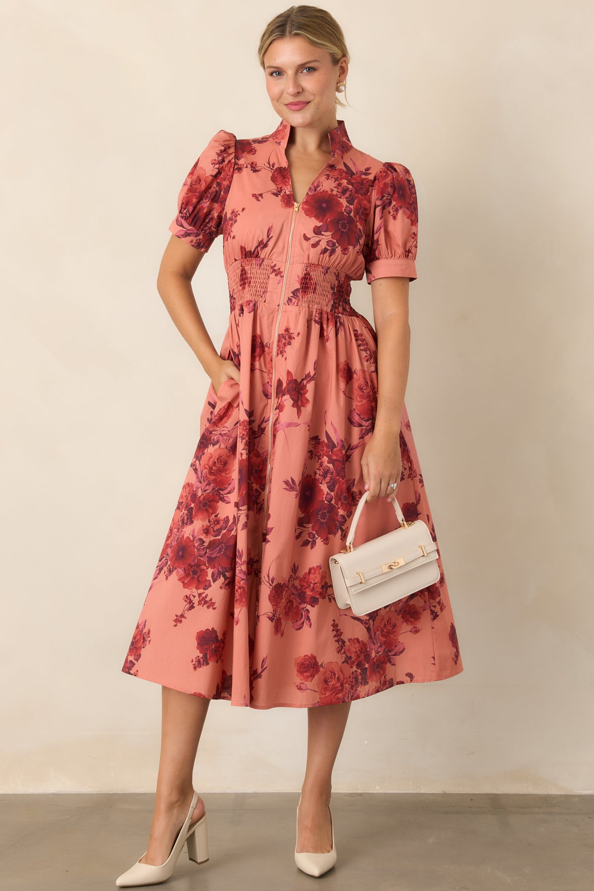 Feminine floral midi dress with a smocked waist, short puff sleeves, and A-line skirt.