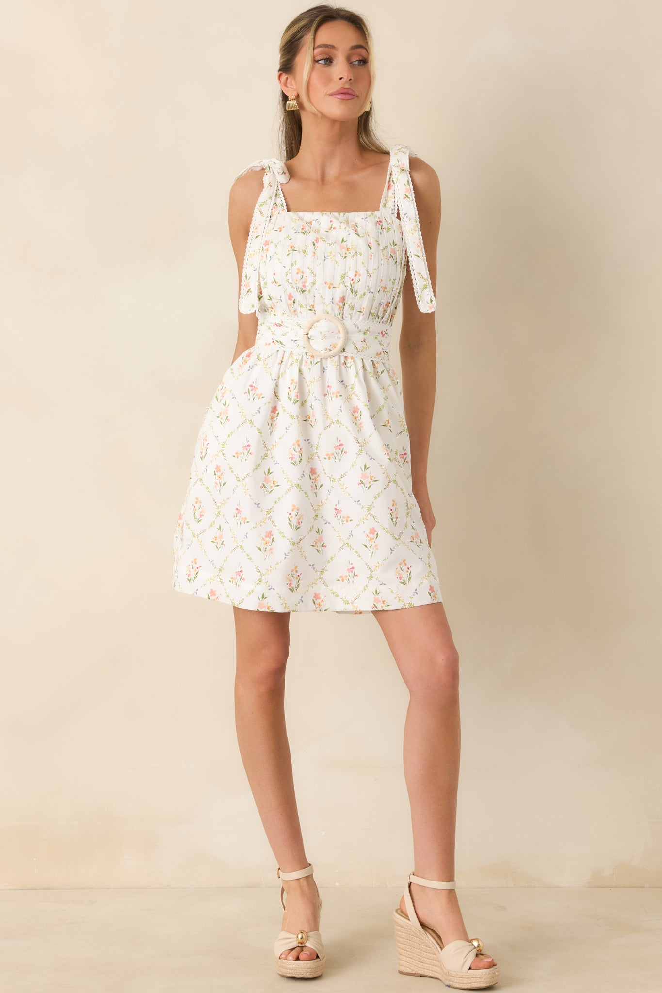 belted floral mini dress Women's Just Like Spring White Multi Cotton Floral Pleated Mini Dress | Size: S