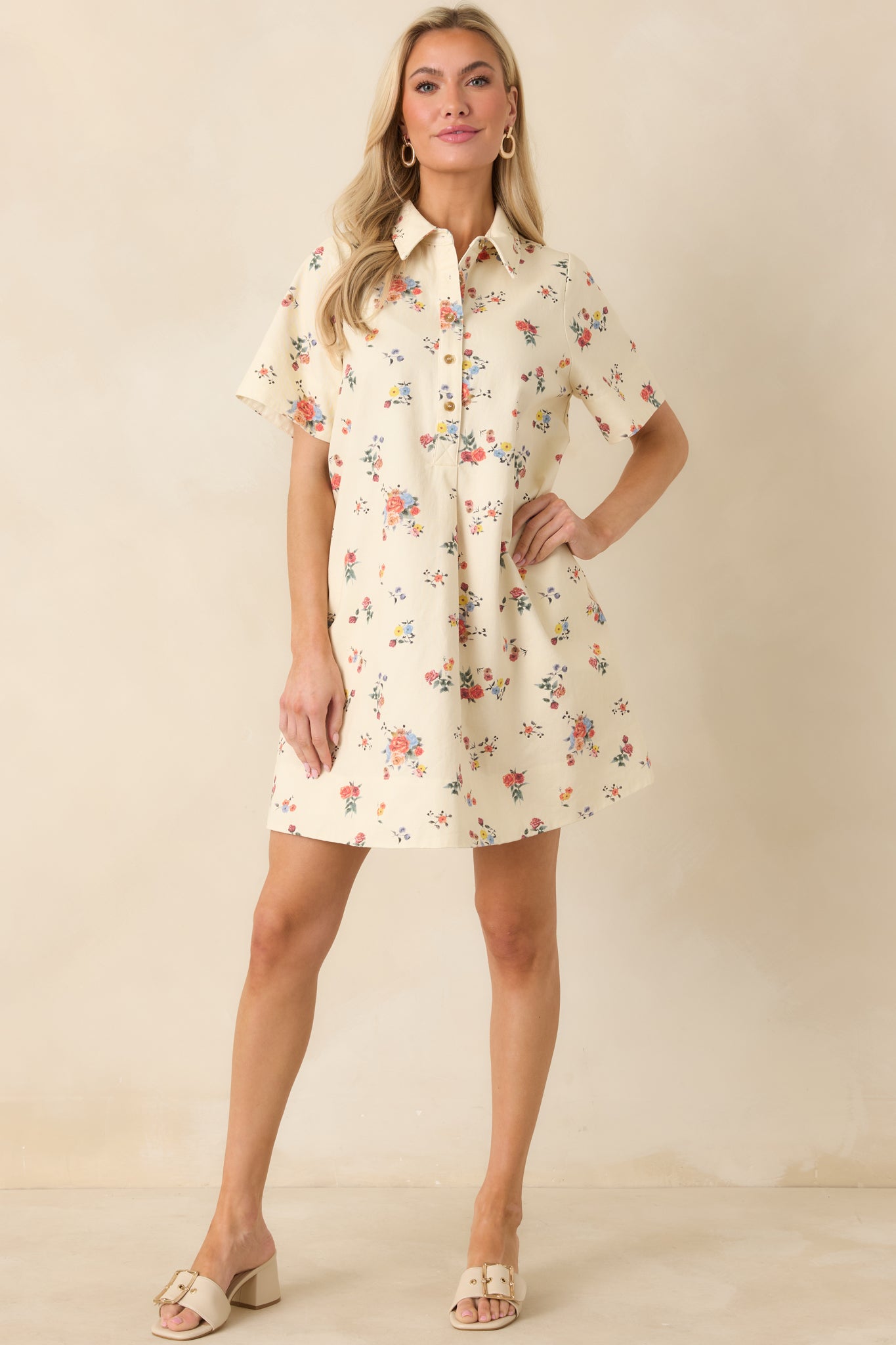 Women's Just Around the Corner Ivory Multi Floral Cotton Mini Dress | Size: L | Red Dress Women's Just Around the Corner Ivory Multi Floral Cotton Mini Dress | Size: L | Red Dress