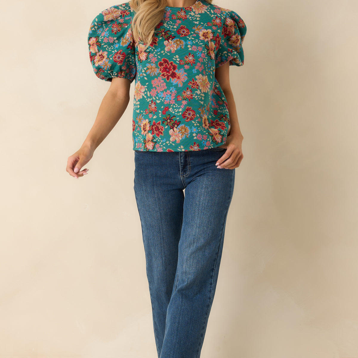 Teal Green Multi Floral Print Puff Sleeve Top - All Tops | Red Dress