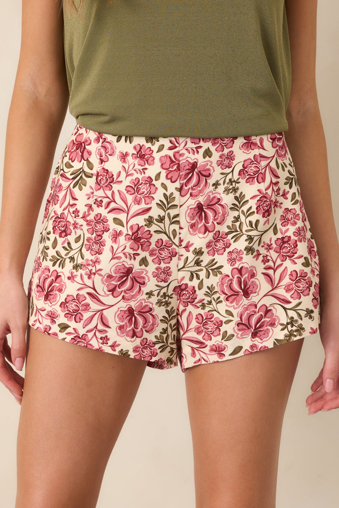 Detailed view of the straight-leg shorts showcasing the colorful floral pattern and clean front construction.