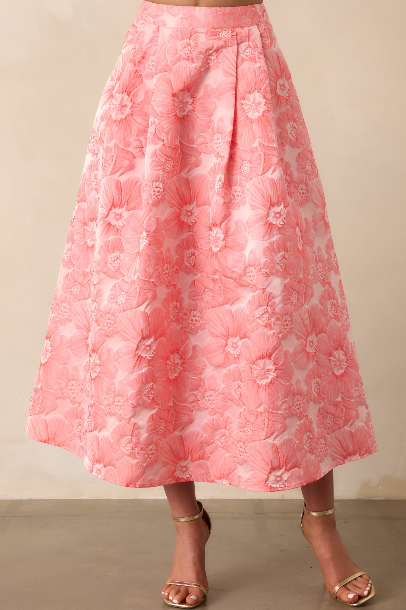 Pink Coral Floral Jacquard Midi Skirt - All Skirts | Red Dress