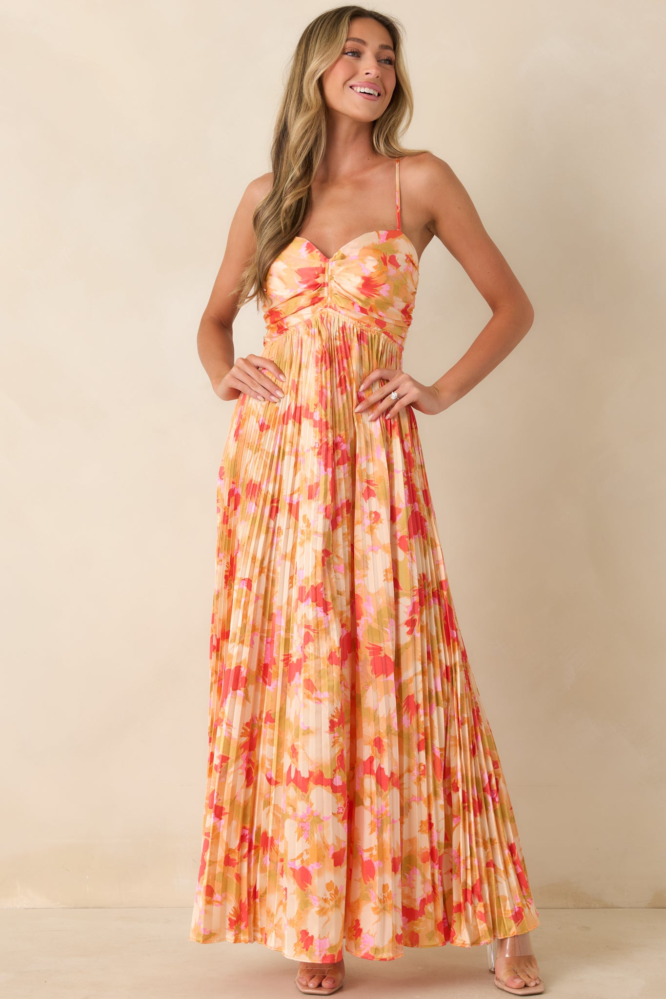 Painted in Sunshine Peach & Red Multi Satin Finish Pleated Maxi Dress Painted in Sunshine Peach & Red Multi Satin Finish Pleated Maxi Dress