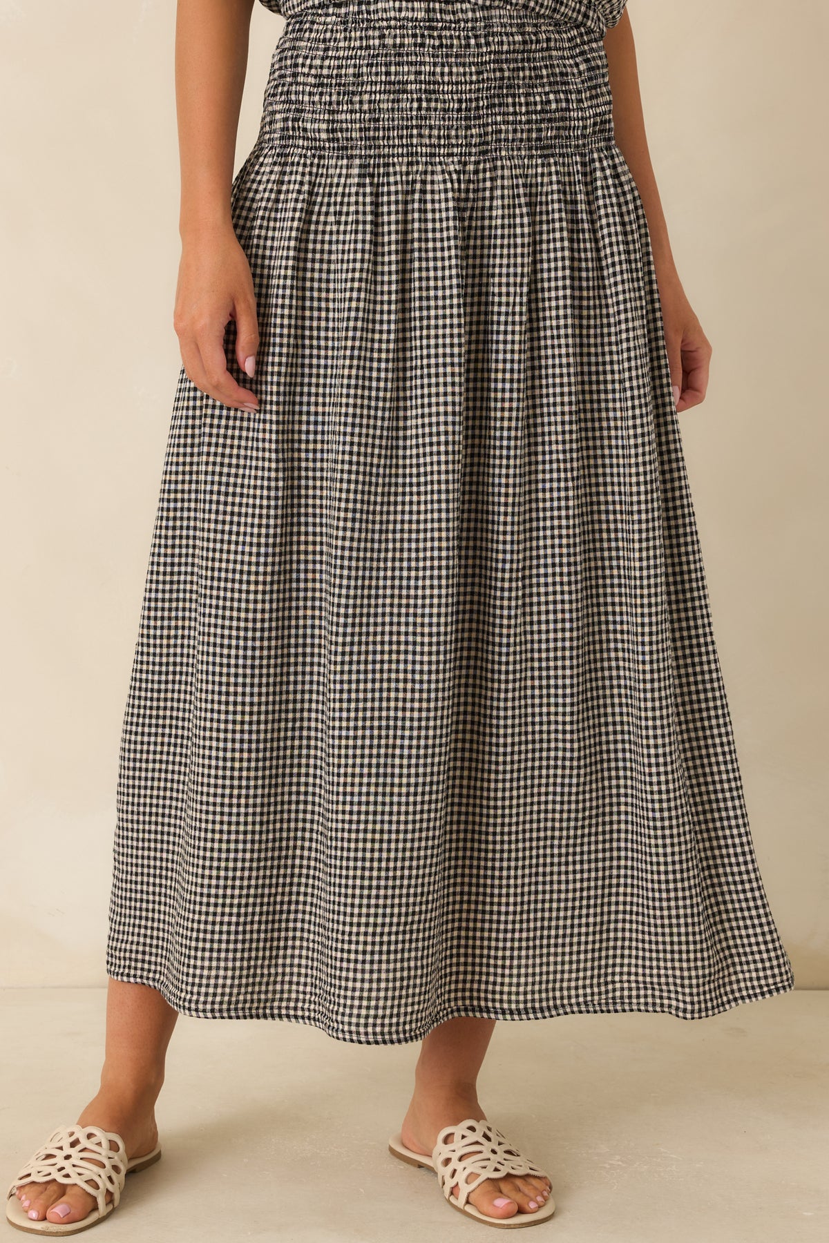 Flowing maxi skirt showcasing the breathable fabric and relaxed elegant silhouette.