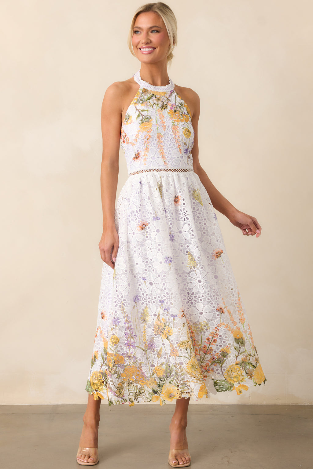 Lavender Floral Embroidered Halter Dress - Midi Dresses