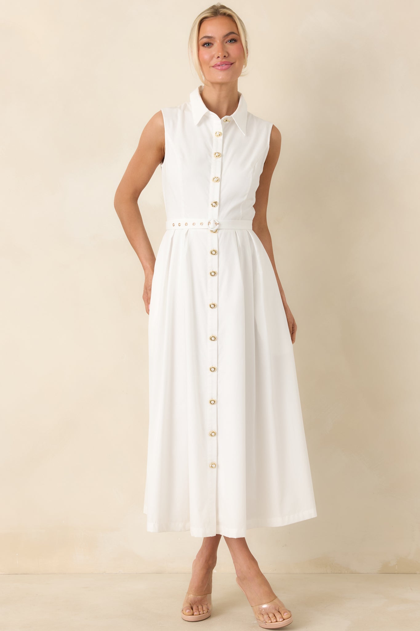 Red Dress | White Cotton Sleeveless Belted Maxi Dress