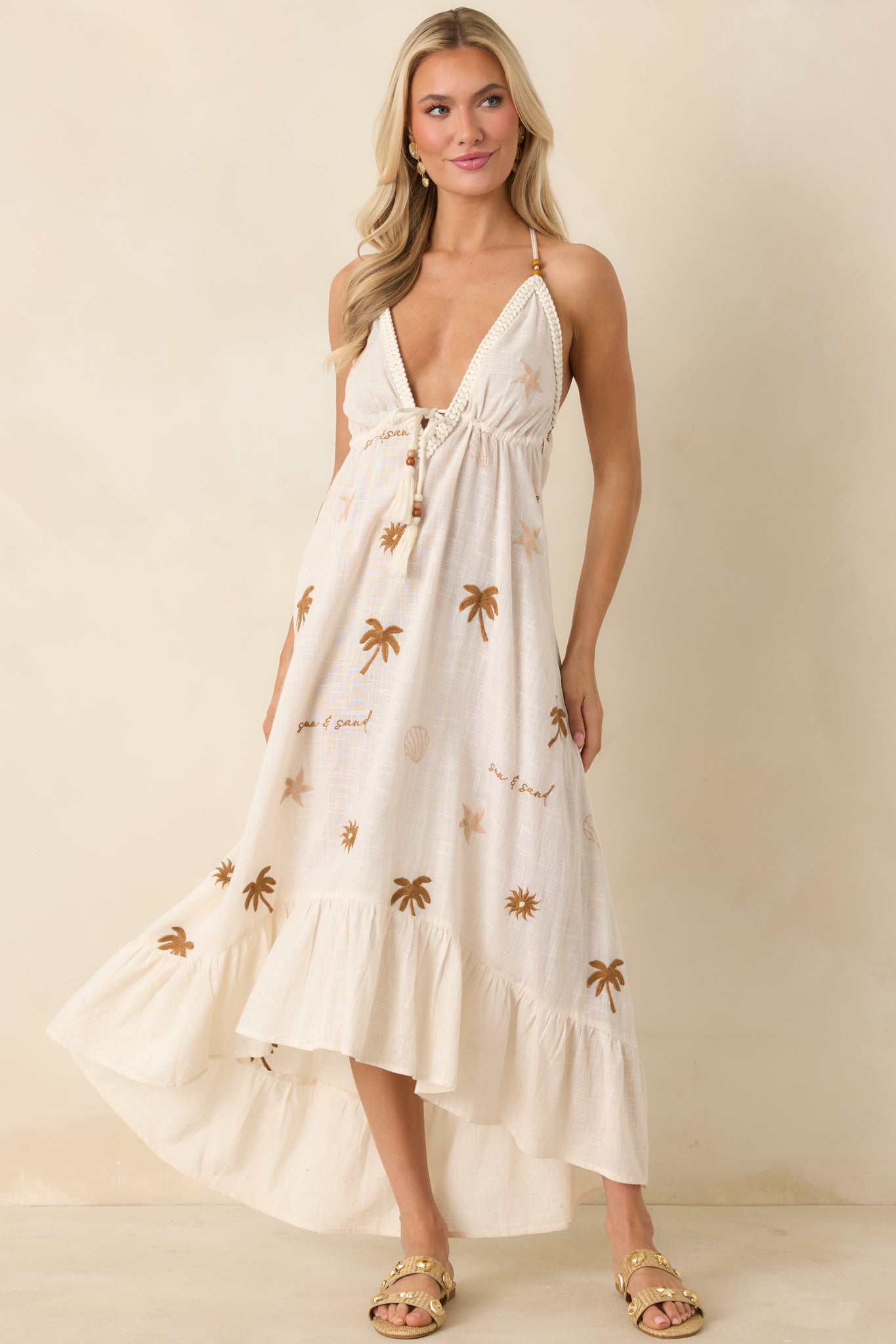 Women's Sunwashed Sands Light Beige Cotton Coastal Embroidered Midi Dress | Size: M