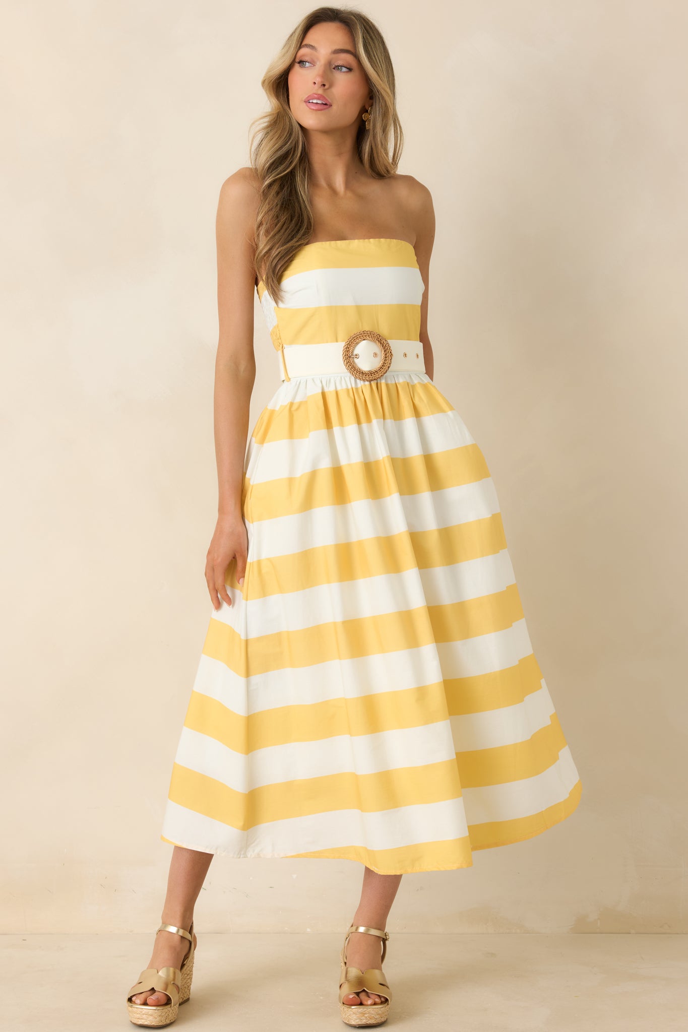 Women's The Amanda Yellow & White Stripe Cotton Strapless Midi Dress | Size: S | Red Dress