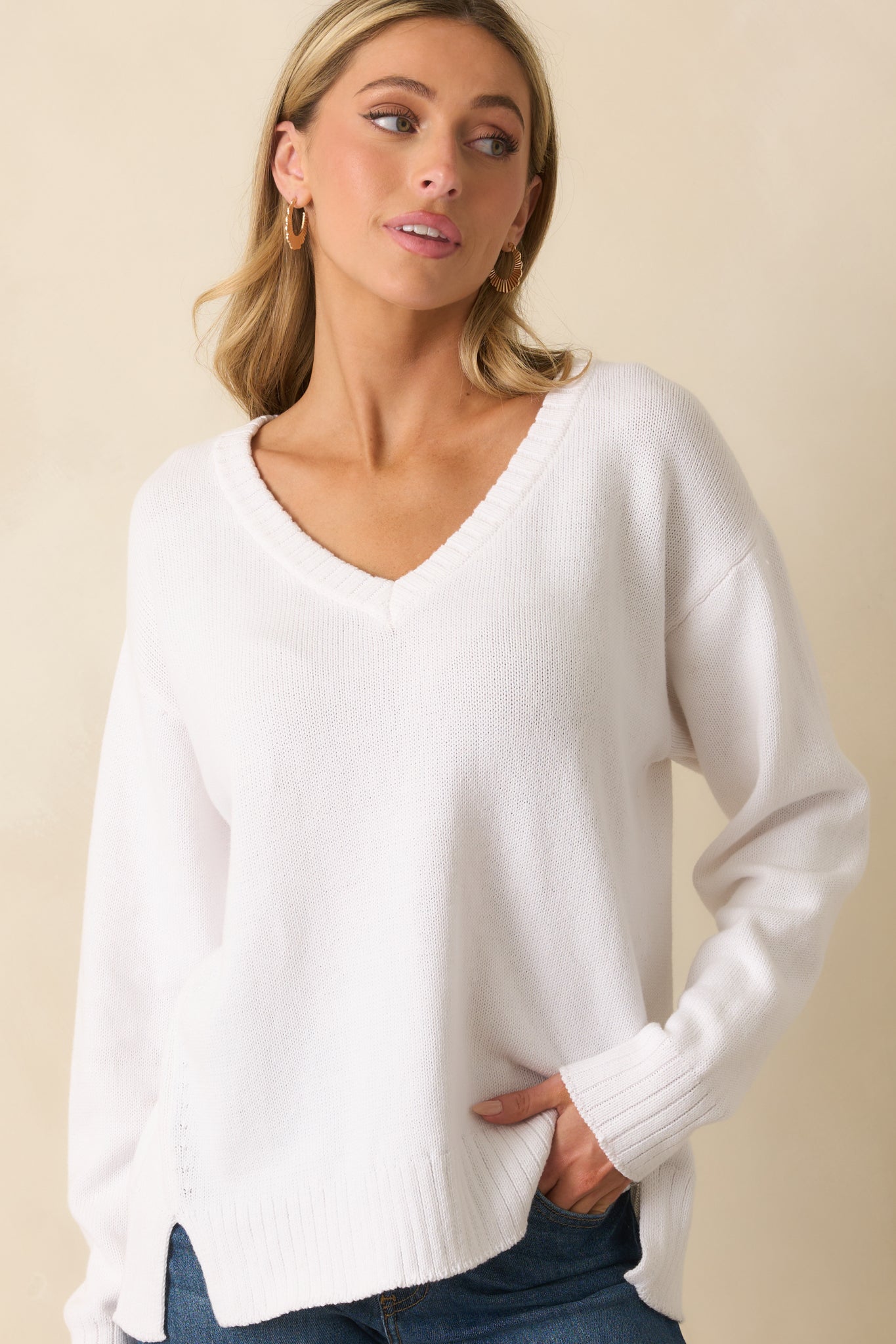 Z Supply White All Around Cotton V-Neck Sweater
