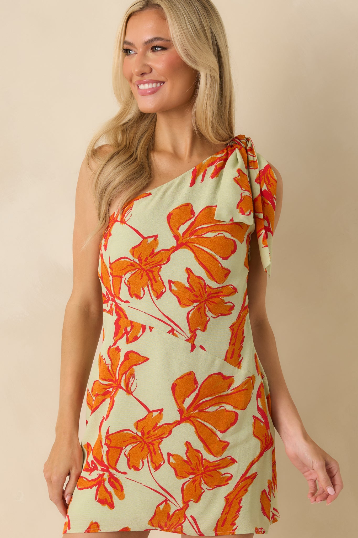 Women's Estelle Green & Orange Floral Print Asymmetric Mini Dress | Size: S