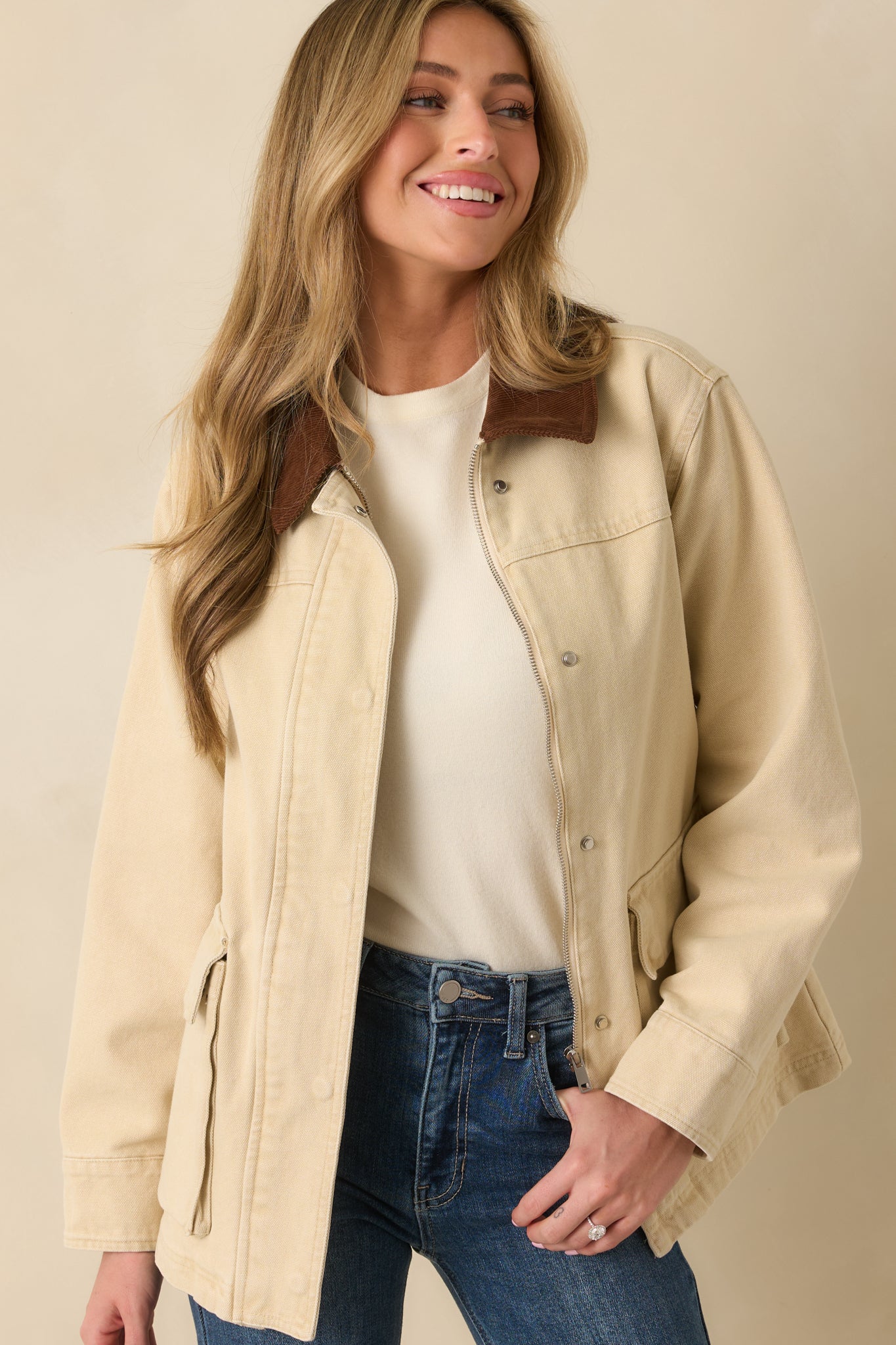 Focused look at the hip flap pockets and sturdy cotton canvas texture.