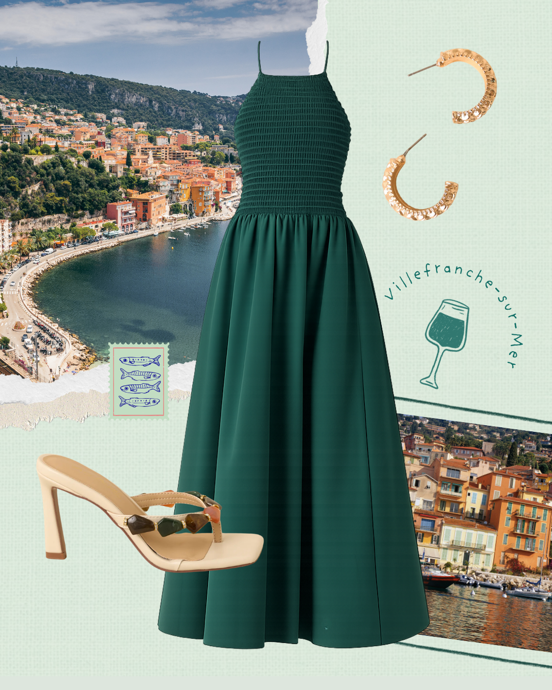 Forest Green midi dress cut out, in front of a french riviera nackground.