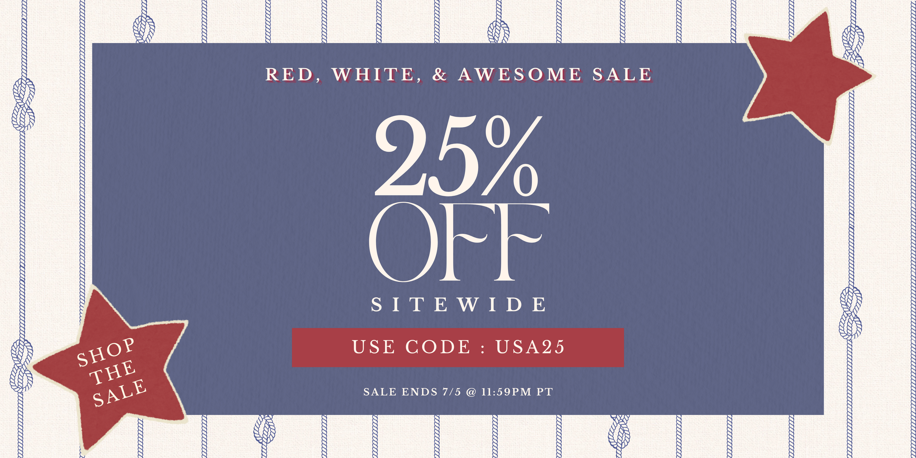 25% off site wide sale banner, using code USA25