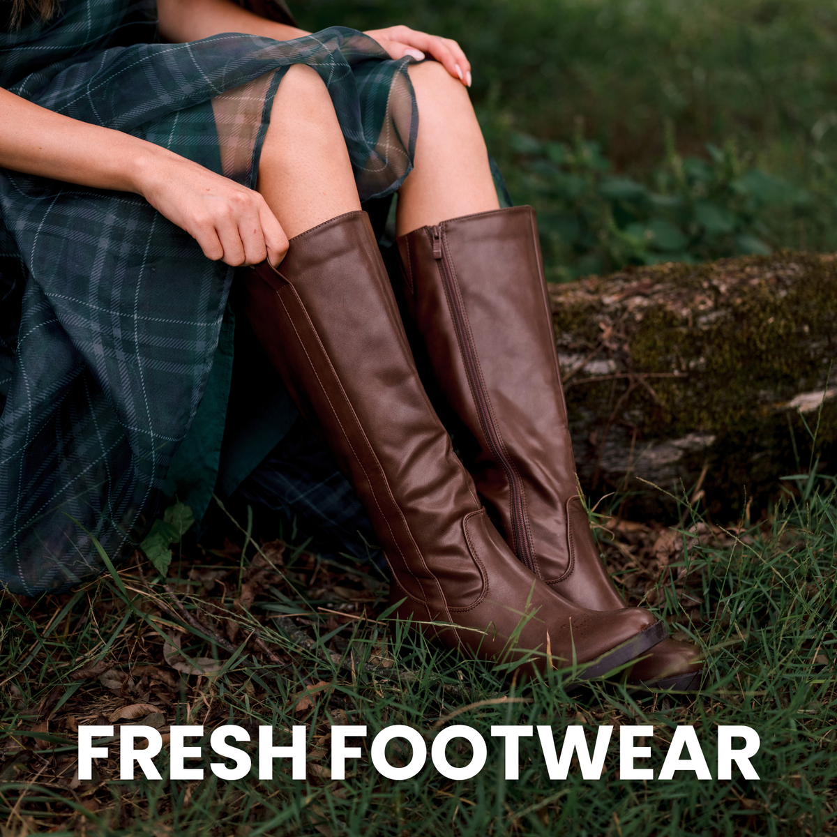 Model wearing dark brown leather boots. Text reads: "Fresh Footwear."
