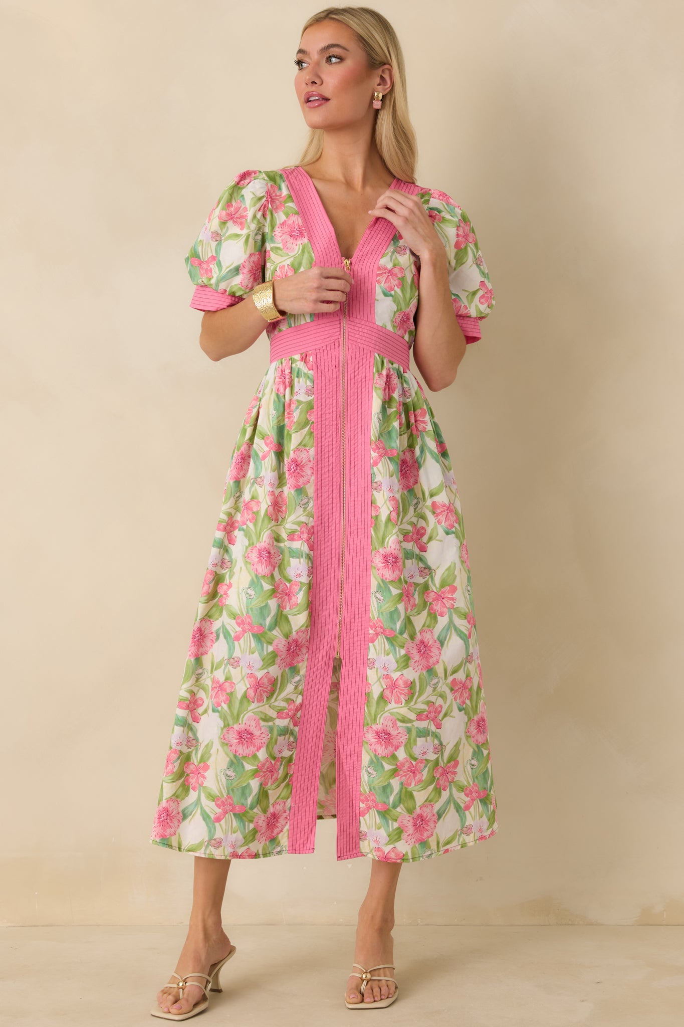 Pink Multi Floral Print Cotton Zip Front Midi Dress - All Dresses