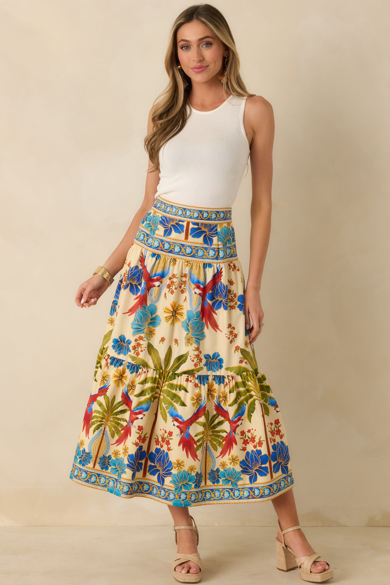 Front-facing angle emphasizing relaxed fit, tiered layers, and lightweight breathable fabric.