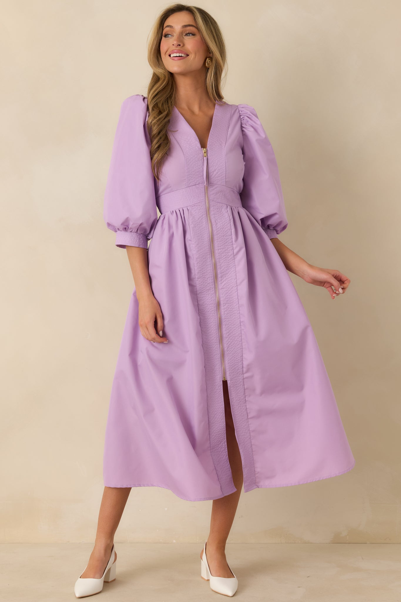 purple midi dress with sleeves Lavender Blouson Sleeve Zip Up Midi Dress - All Dresses