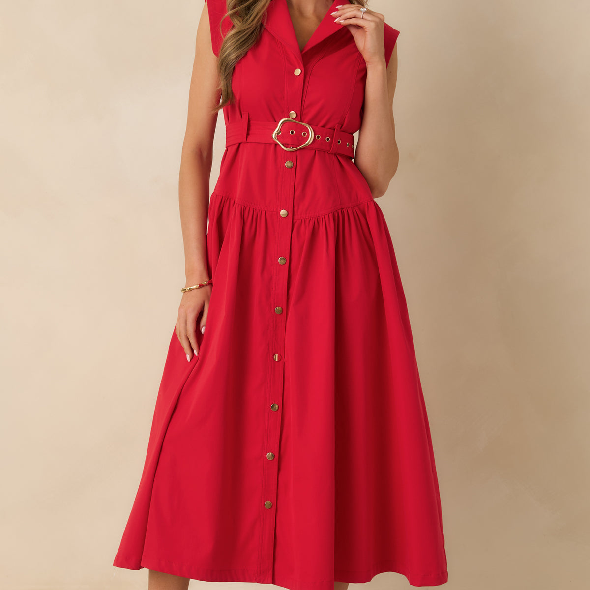 Women's Just Right Moments Red Sleeveless Belted Maxi Shirt Dress | Size: L